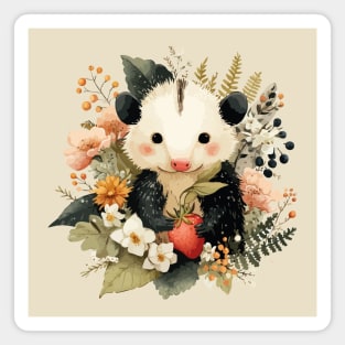Opossum with a Strawberry - Whimsical Woodland Folk Art Magnet